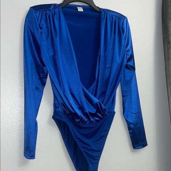 Tops - Silk look Royal Blue Long Sleeve Bodysuit Deep V neck